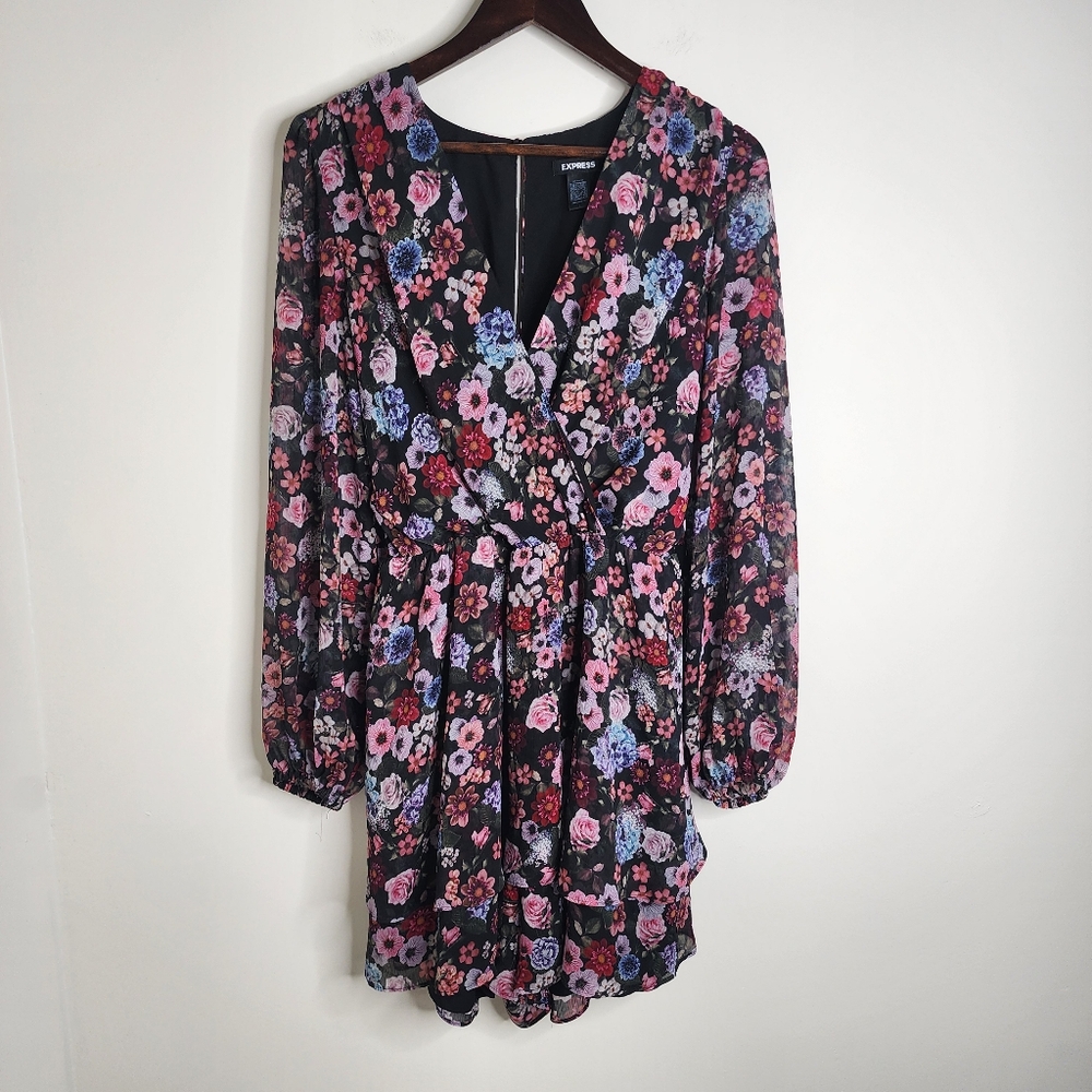 Express Womens Floral Frenzy Elegant Chiffon Tiered Long Sleeve Mini Dress